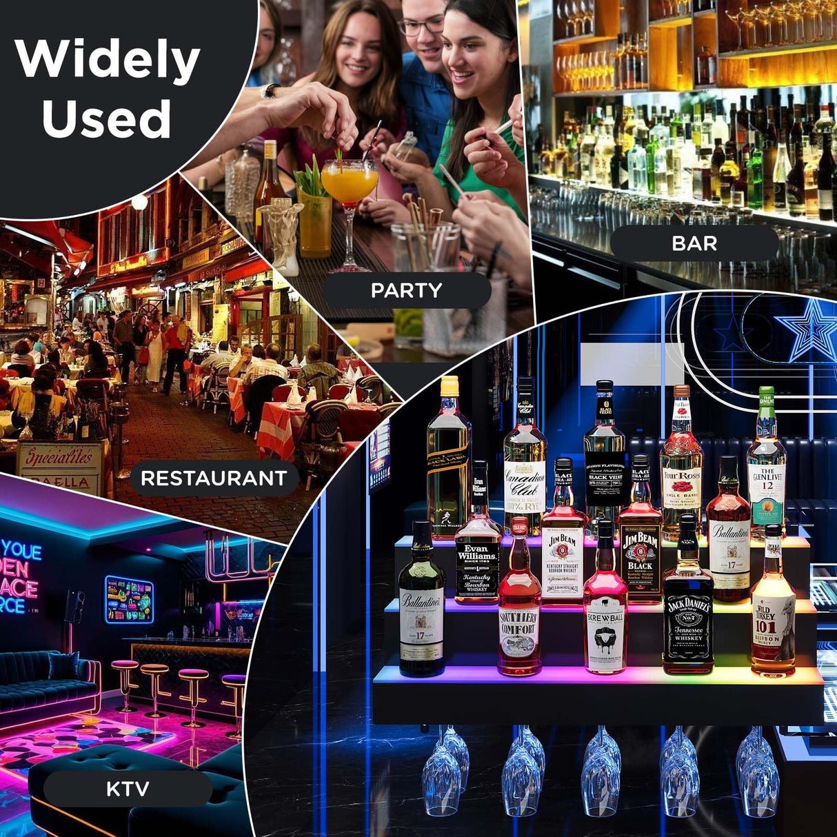 Dethan 2 Tier 32 Inch LED Lighted Liquor Bottle Display Shelf - Wall-Mounted Wine Rack with Multi-Color App & Remote Control, Adjustable Brightness & Sound Modes, Acrylic Bar Shelf for Commercial Club Dethan