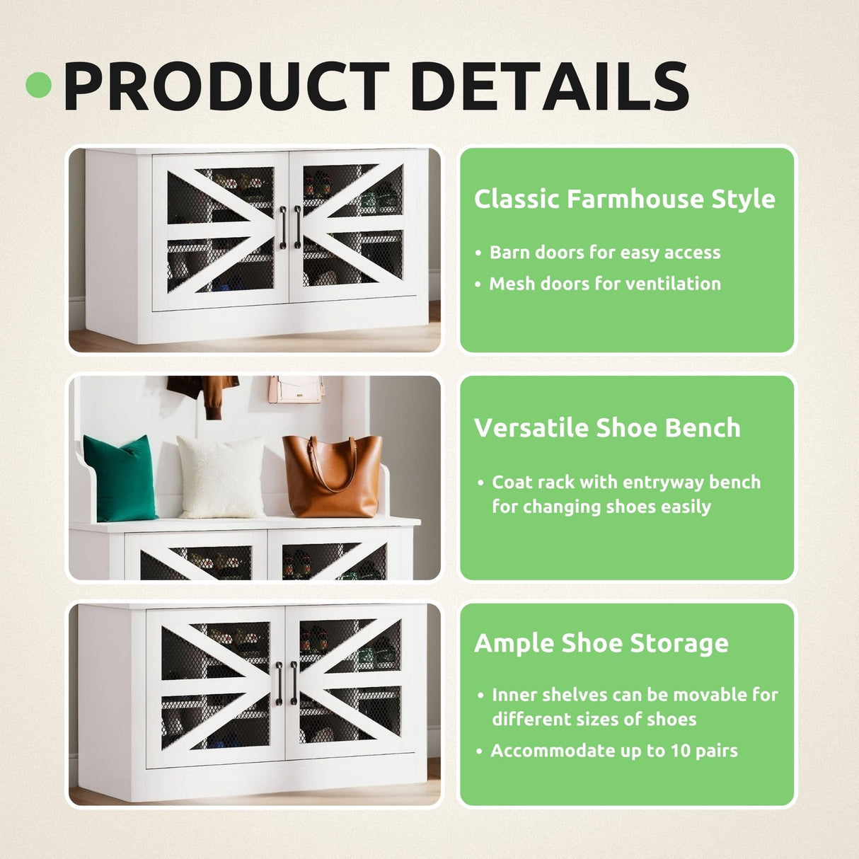 GOOBED Wide Hall Tree with 10 Shoe Cubbies & 10 Coat Hooks, 42" W Coat Rack with Entryway Bench, Shoe Storage Cabinet with Adjustable Shelves for Hallway (White) GOOBED