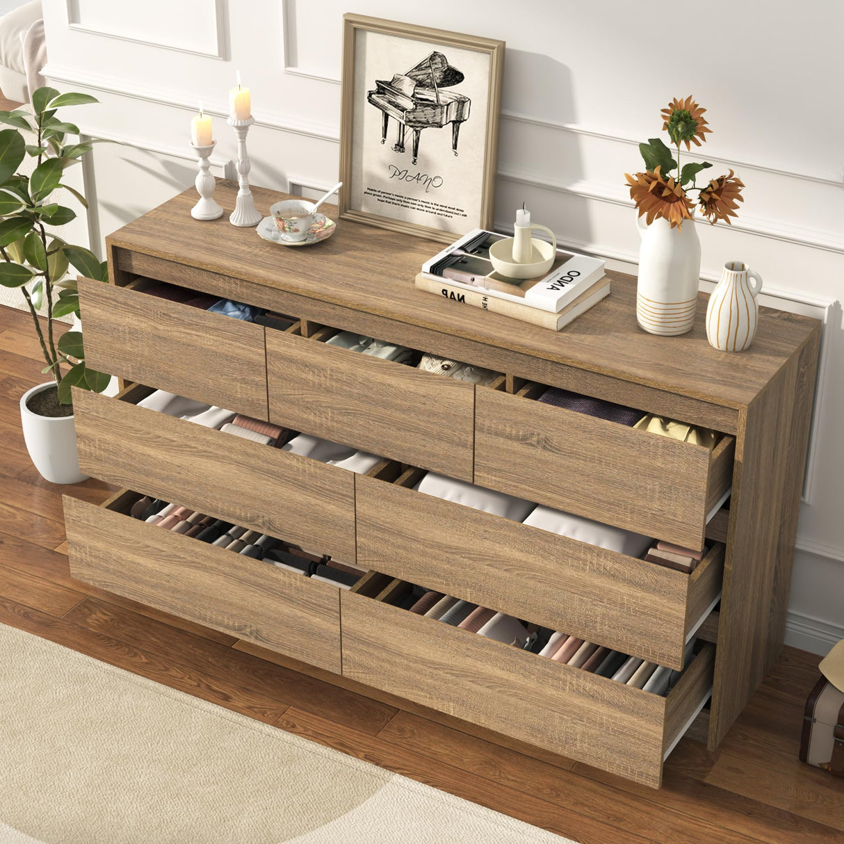 Farmhouse Malm Dresser for Bedroom, 55 Inch Long Dresser with 7 Drawers, Modern Large Wood Chest of Drawer Handle Free, Dresser for Kids Bedroom, Living Room, Entryway, Hallway, Oak jiteentarou