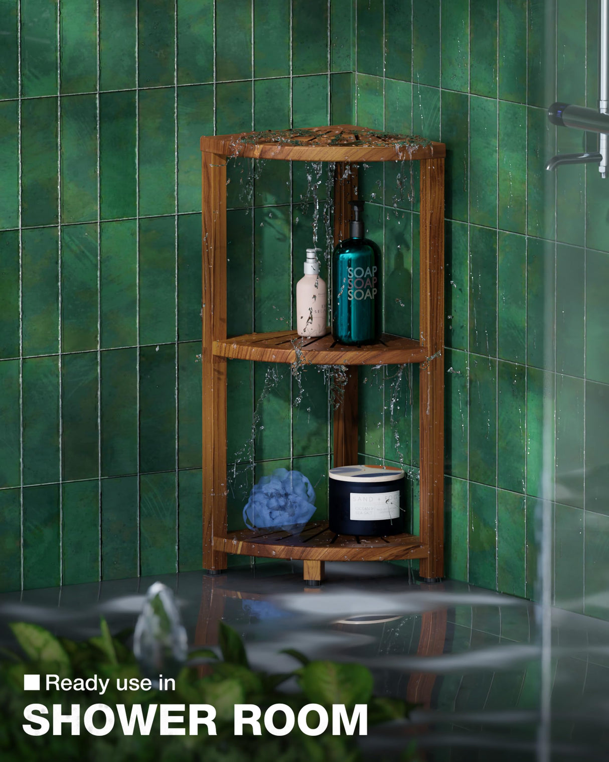 BLUEWEST 3-Tier Corner Shower Caddy Stand, Wood Shower Organizer Standing with Anti-Slip Feet, Waterproof & Durable Bathroom Corner Shelf, Space-Saving Design Storage for Kitchen or Living Room BLUEWEST