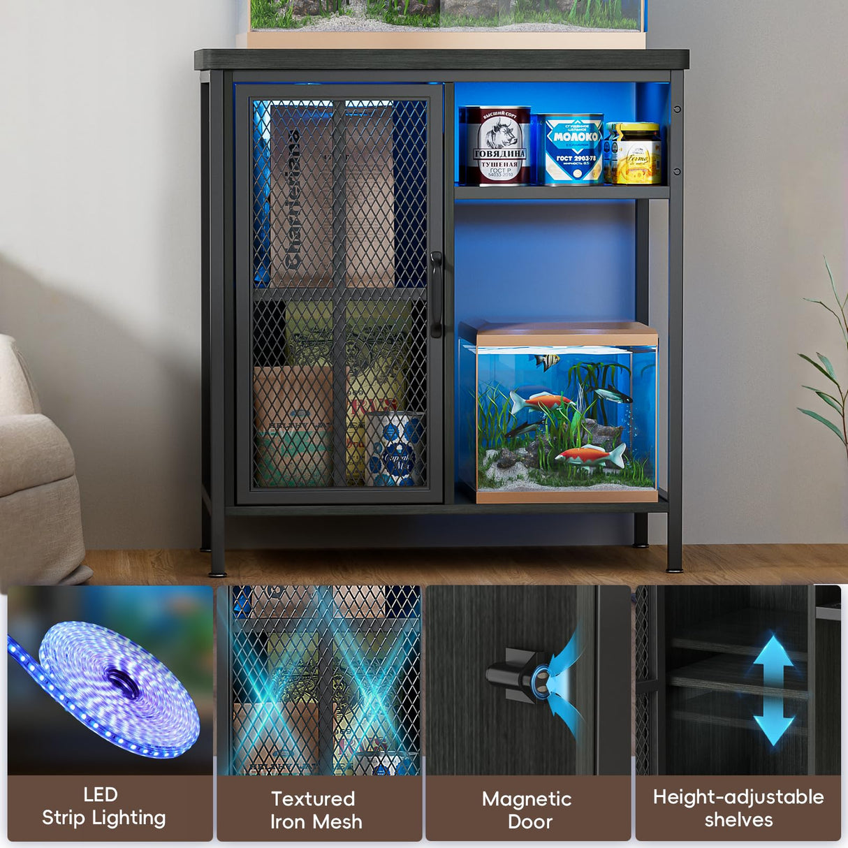 HAIOOU 20-29 Gallon Aquarium Stand with LED Light & Power Outlets, Cross Design Metal Frame Fish Tank Stand Aquarium Table with Cabinet Storage for Turtle Tank Reptile Terrarium, 360LBS Loads - Black HAIOOU