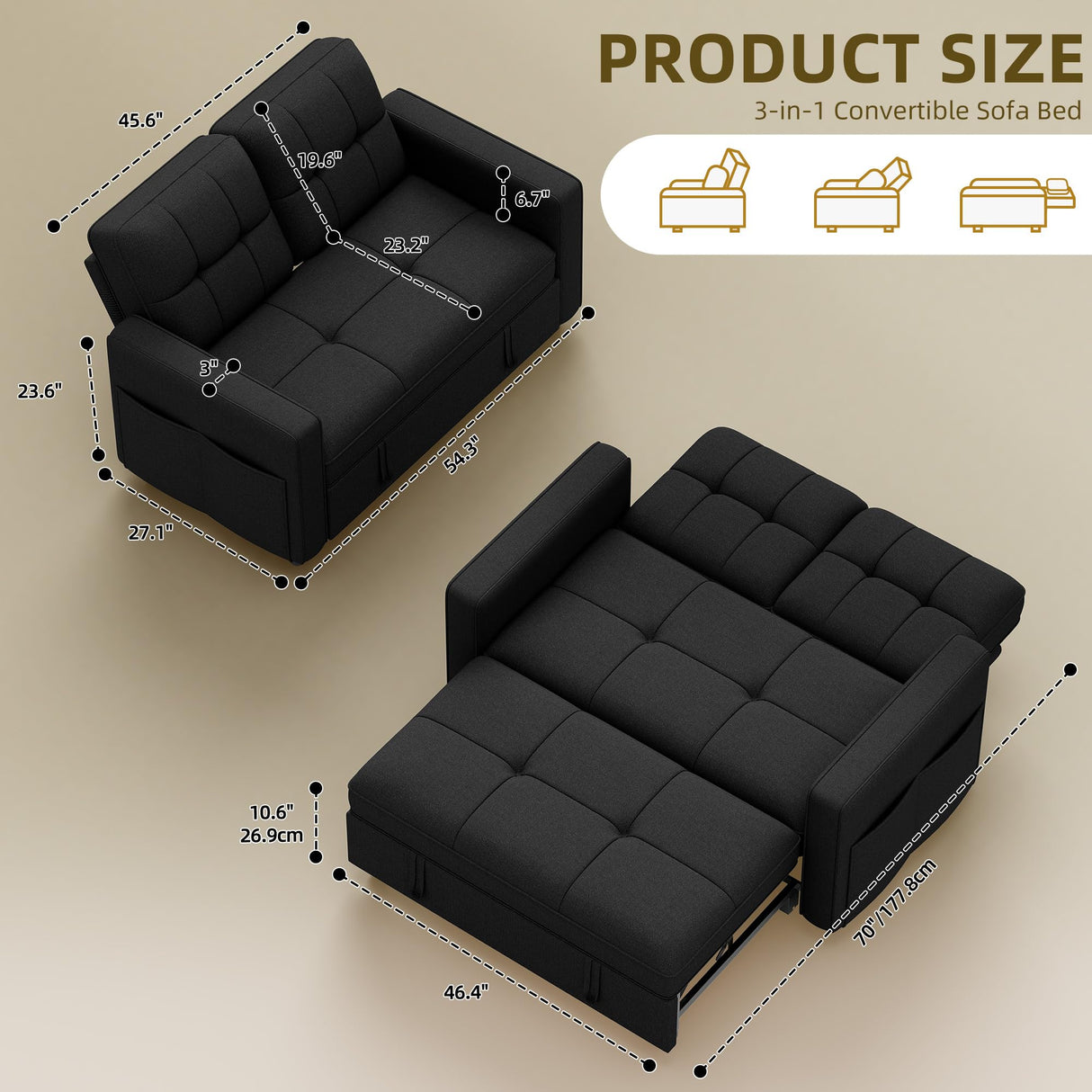 YITAHOME 55" Convertible Sofa Bed, 3-in-1 Sleeper Sofa with Iron Frame Pull-Out Bed, Linen Futon Couch with Reclining Backrest and Side Pocket, Modern Loveseat for Living Room Bedroom Apartment, Black YITAHOME