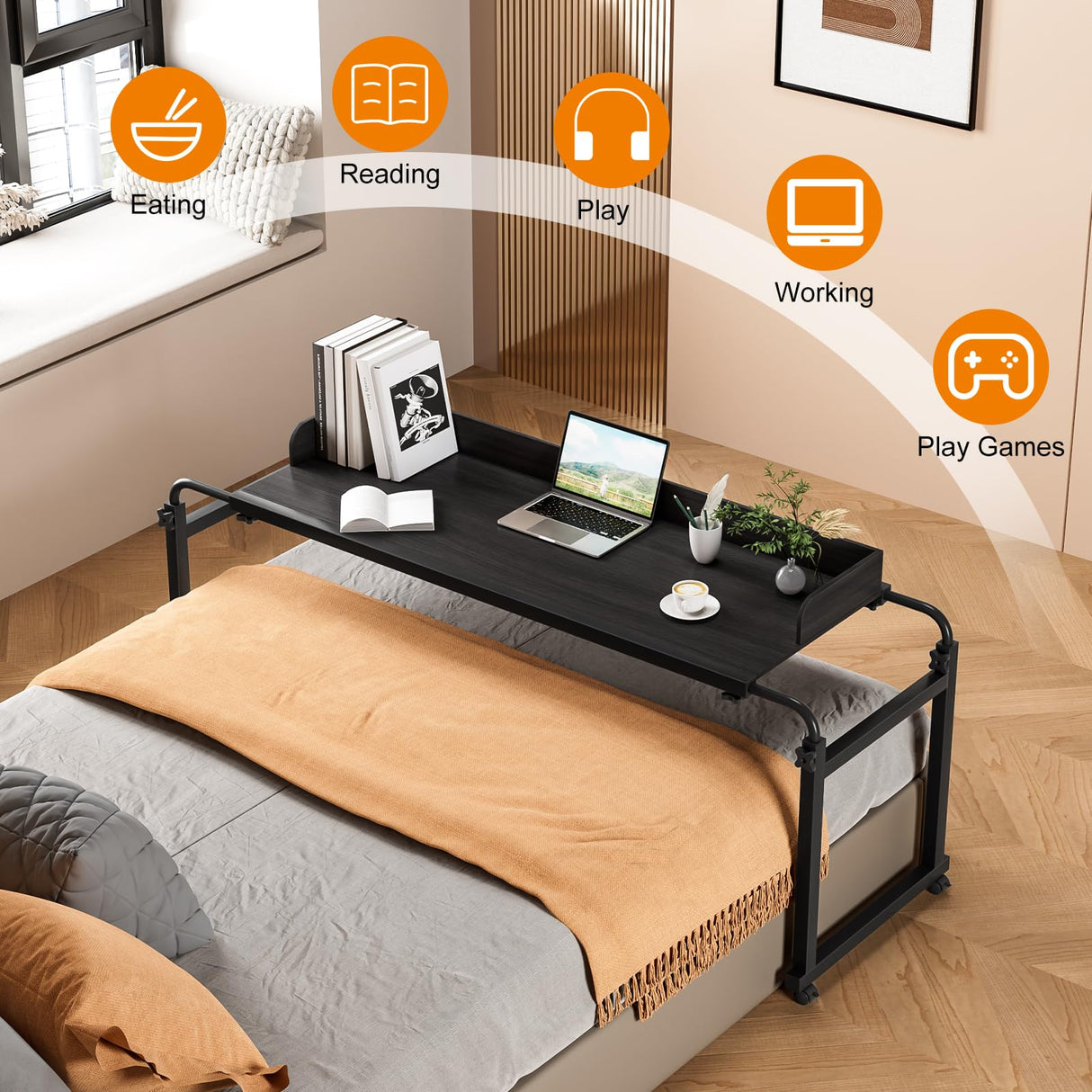 nawoefii Overbed Table, Over Bed Table with Wheels Adjustable Height, Bed Laptop Desk, King Queen Size Over The Bed Table with Wheels, Metal Leg, for Home Office Bedroom Hospital Black Baffle-120x40 nawoefii