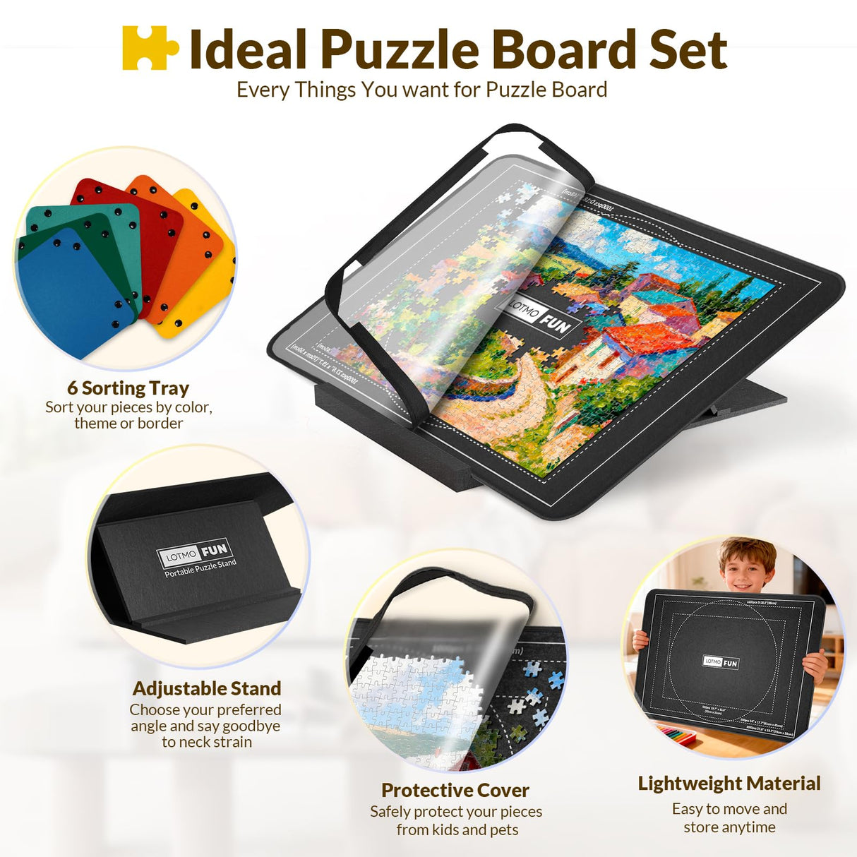 LOTMOFUN Puzzle Board for 1000 Pieces with Angle Adjustable Stand, Patented Lightweight Felt Jigsaw Puzzle Board with 6 Sorting Trays & Cover, Jigsaw Puzzle Table with Storage & Non-Slip Surface