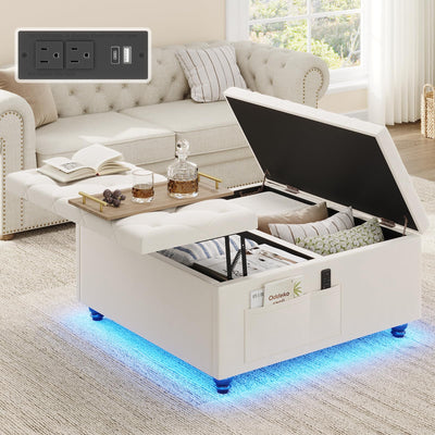 Dnxao Large Ottoman with Storage,Ottoman Coffee Table with LED Lights and Charging Station,Lift Top Tufted Upholstered Ottomans Toy Box Footrest for Living Room,Tray Included,Beige