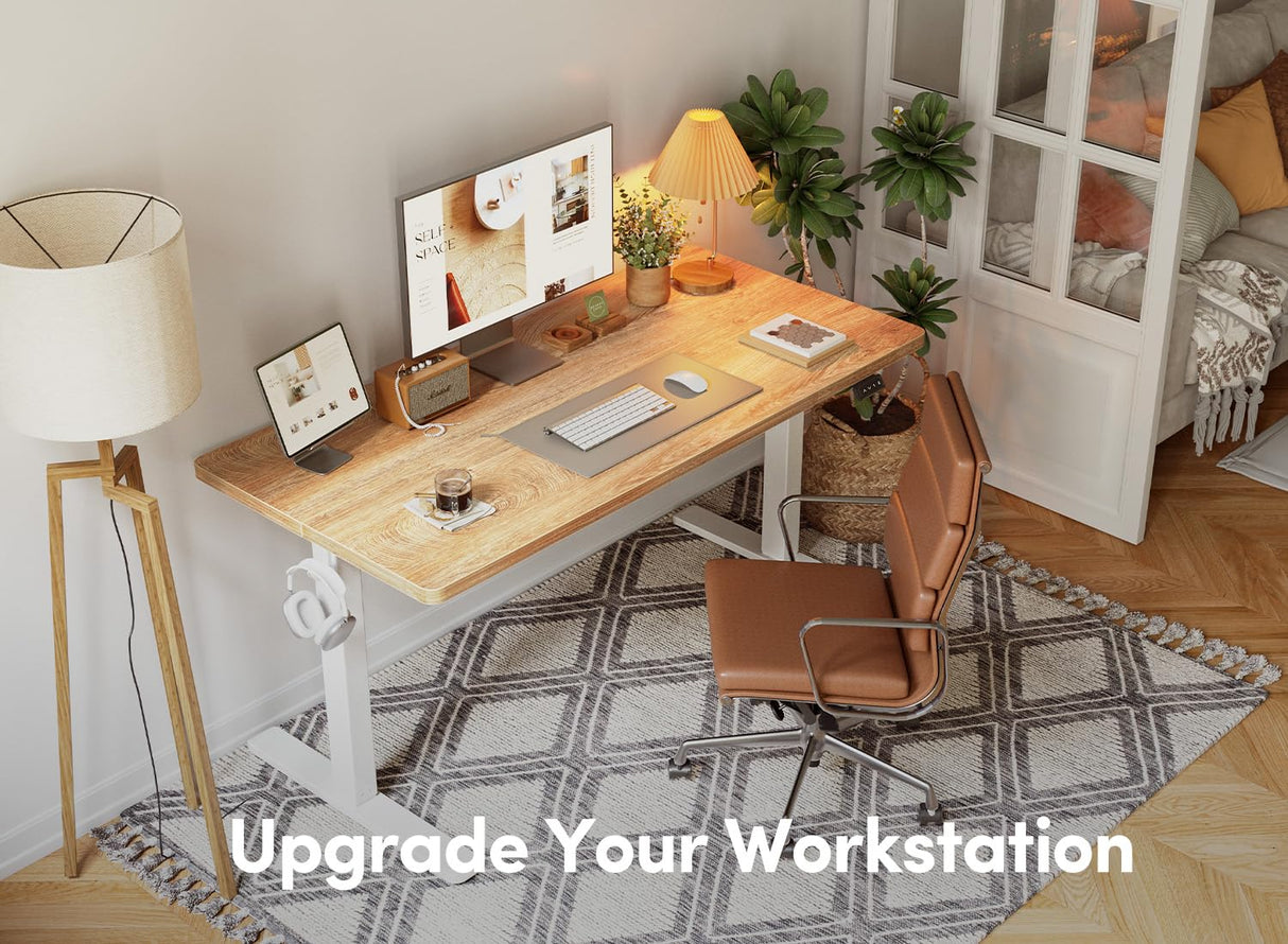 FEZIBO 55 x 24 Inchs Electric Standing Desk, Height Adjustable, Sit Stand Up, Computer Office Desk with Splice Board, White Frame/Maple Top FEZIBO