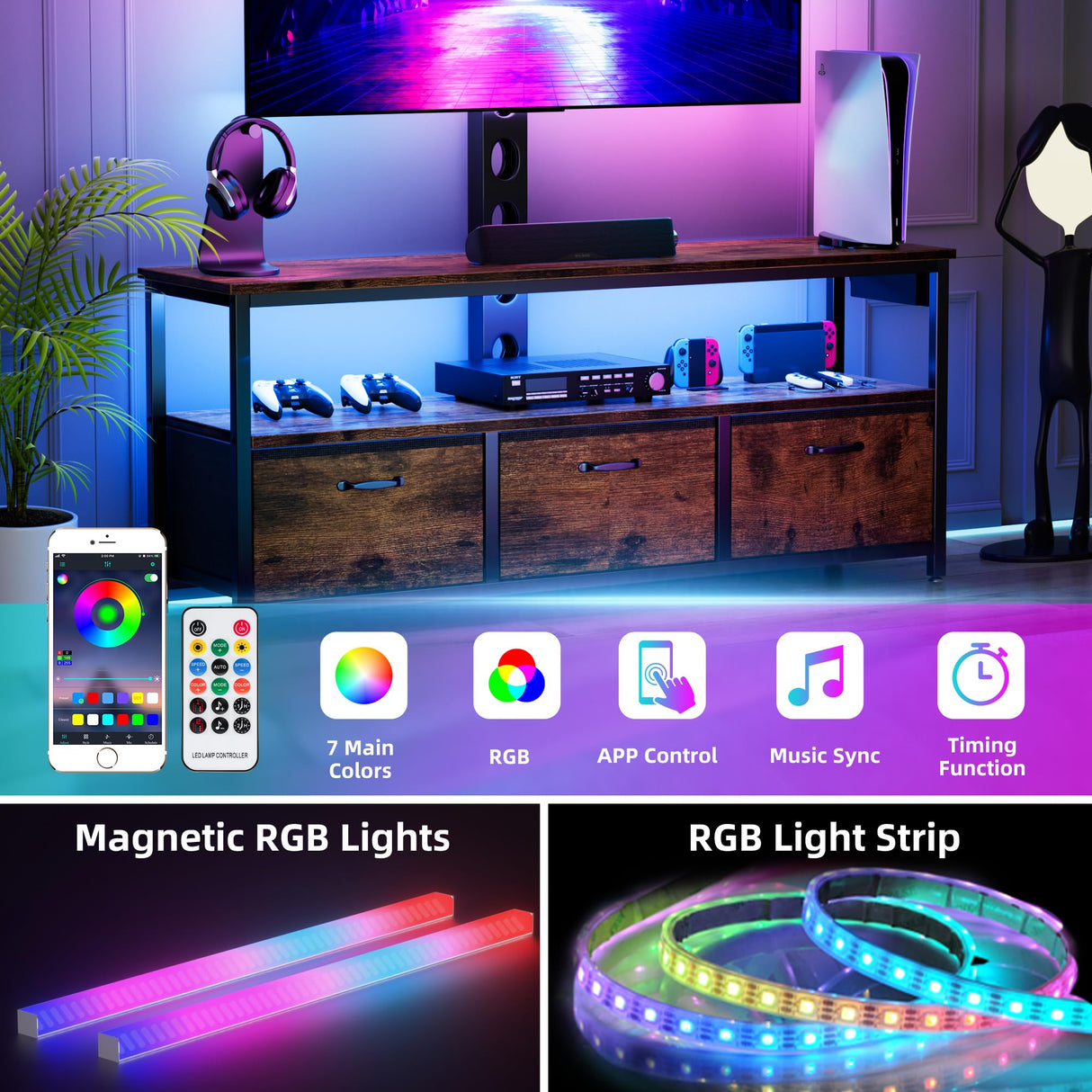 TV Stand with Mount and Power Outlet, Swivel TV Stands Mount with LED Lights for 32/45/55/60/65 inch TVs, Entertainment Center with Storage/Drawers, Media Console TV Stands for Living Room, Bedroom MJOMKN