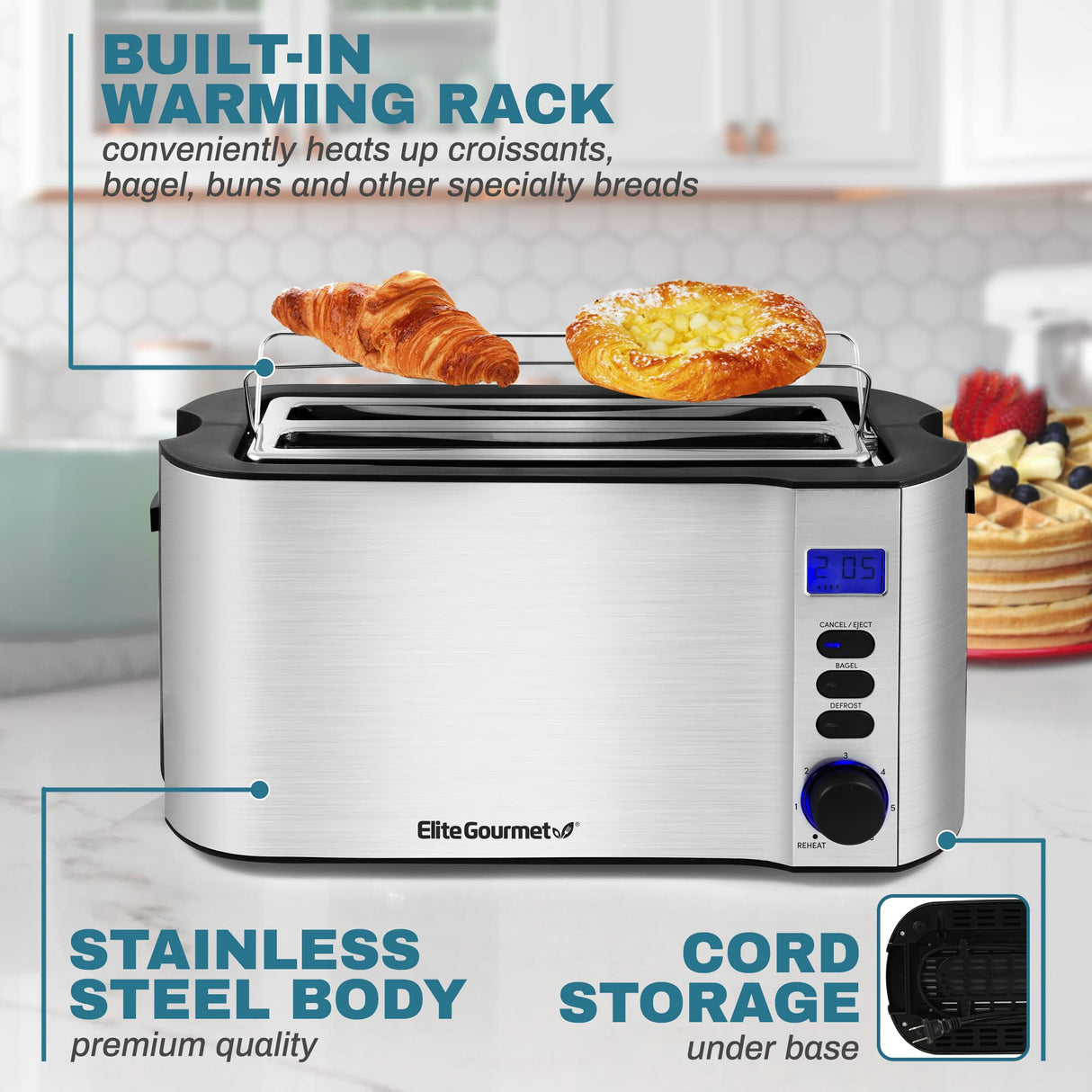 Elite Gourmet ECT4400B# Long Slot 4 Slice Toaster, Countdown Timer, 6 Toast Setting, Defrost, Cancel Function, Built-in Warming Rack, Extra Wide Slots for Bagel Waffle, Stainless Steel Elite Gourmet