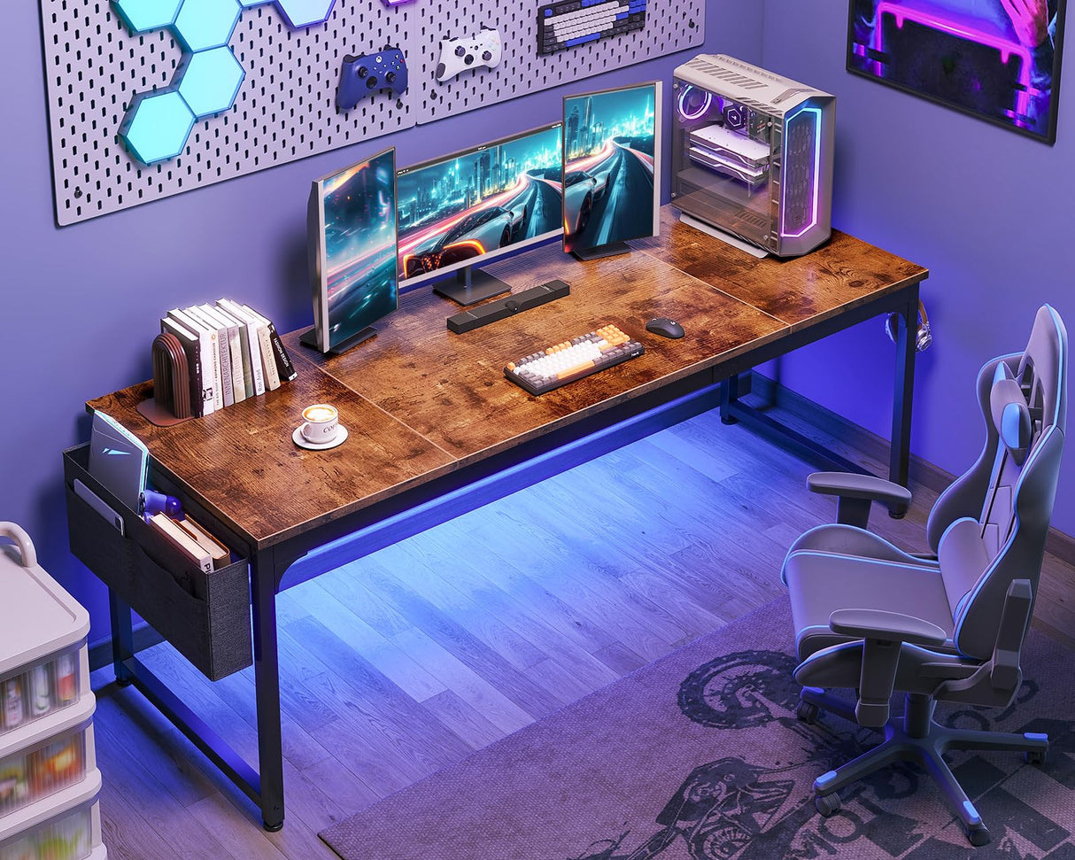 ODK 71 Inch Large Computer Desk Home Office Desk, Long Modern PC Desk Work Table with Headphone Hook & Fabric Bag for Storage, Spliced Board, Rustic Brown ODK