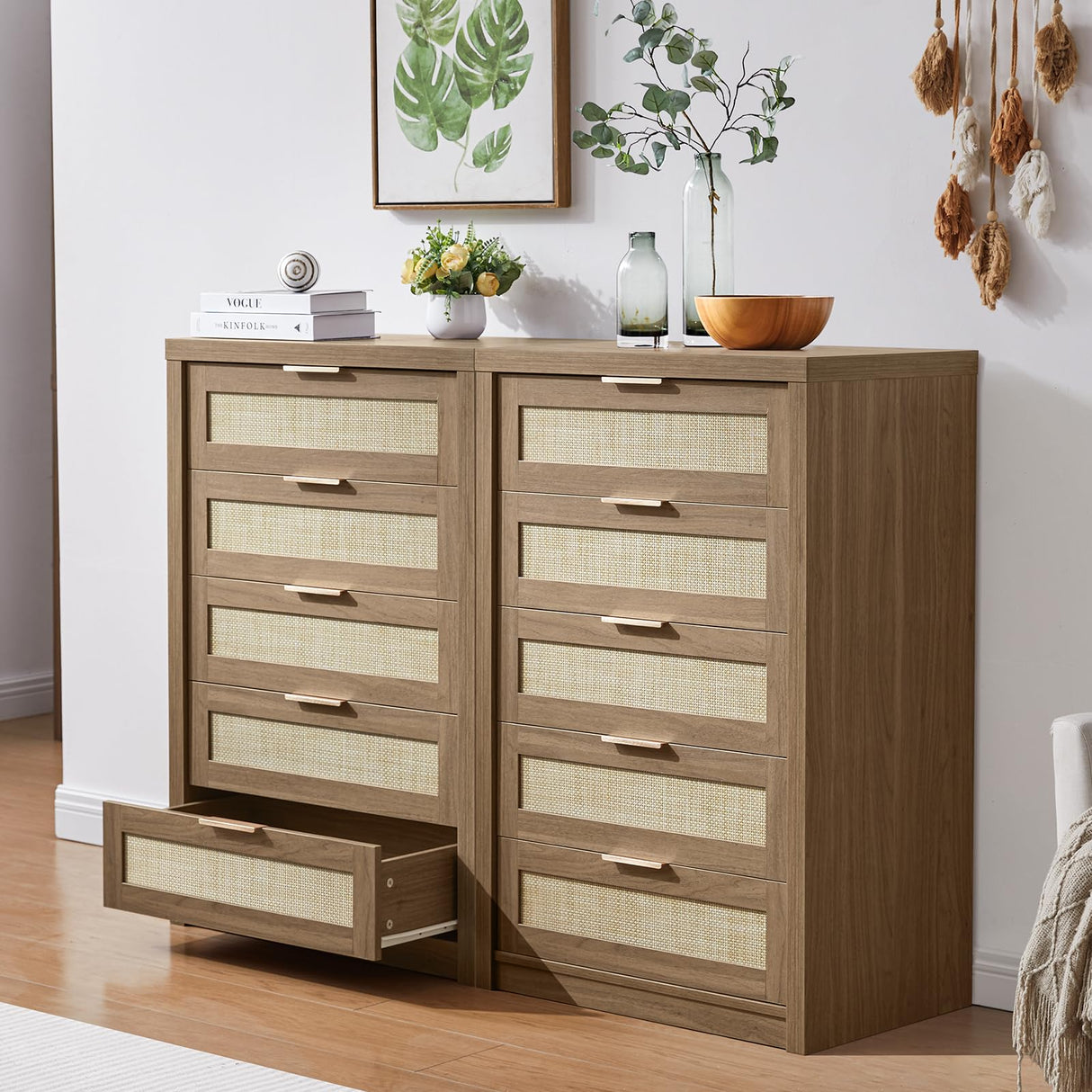 OAKHAM HOME 5 Drawer Rattan Dresser Storage Cane Cabinet, Modern Closet Dressers Chest of Drawers, Wooden Chest of Drawers Dresser for Bedroom, Entryway,Living Room, Special Walnut OAKHAM HOME