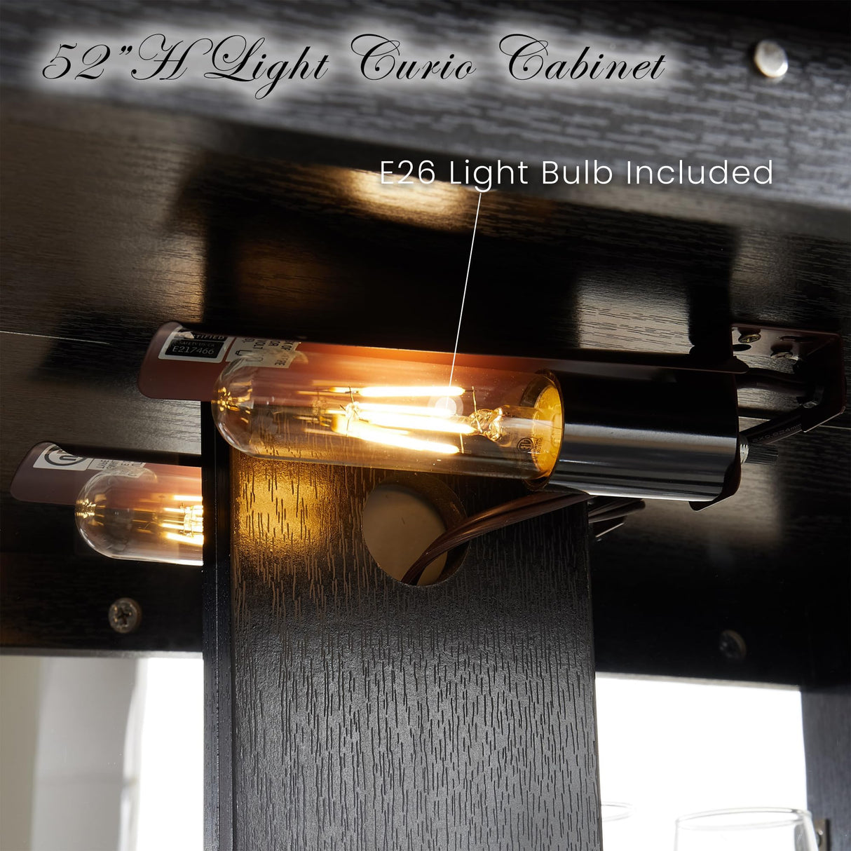 CKEASEAN Lighted Curio Cabinet, 52" H Glass Display Cabinet with Adjustable Shelves, China Cabinet with Tempered Glass Doors for Living Room, Light Blub Included (Black) CKEASEAN