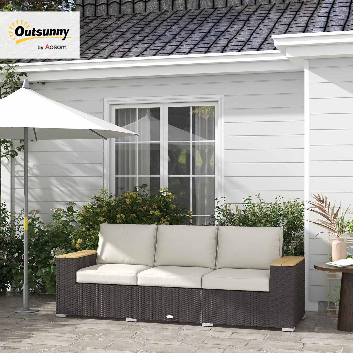 Outsunny 3-Seat Outdoor Patio Sofa with Cushions, PE Rattan Wicker Sofa with Wood Grain Wide Armrests, Outdoor Wicker Couch for Porch, Garden, Sunroom, Poolside, Beige Outsunny