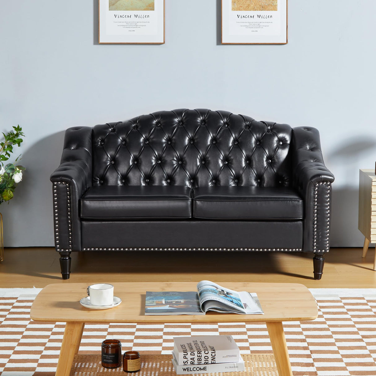 LEVNARY Chesterfield Loveseat Leather, Upholstered Sofa with Button-Tufted Back, Mid-Century Modern Sofa with Solid Wood Legs, 2 Seater Couches for Living Room (Black) LEVNARY