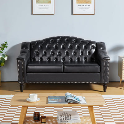 LEVNARY Chesterfield Loveseat Leather, Upholstered Sofa with Button-Tufted Back, Mid-Century Modern Sofa with Solid Wood Legs, 2 Seater Couches for Living Room (Black)