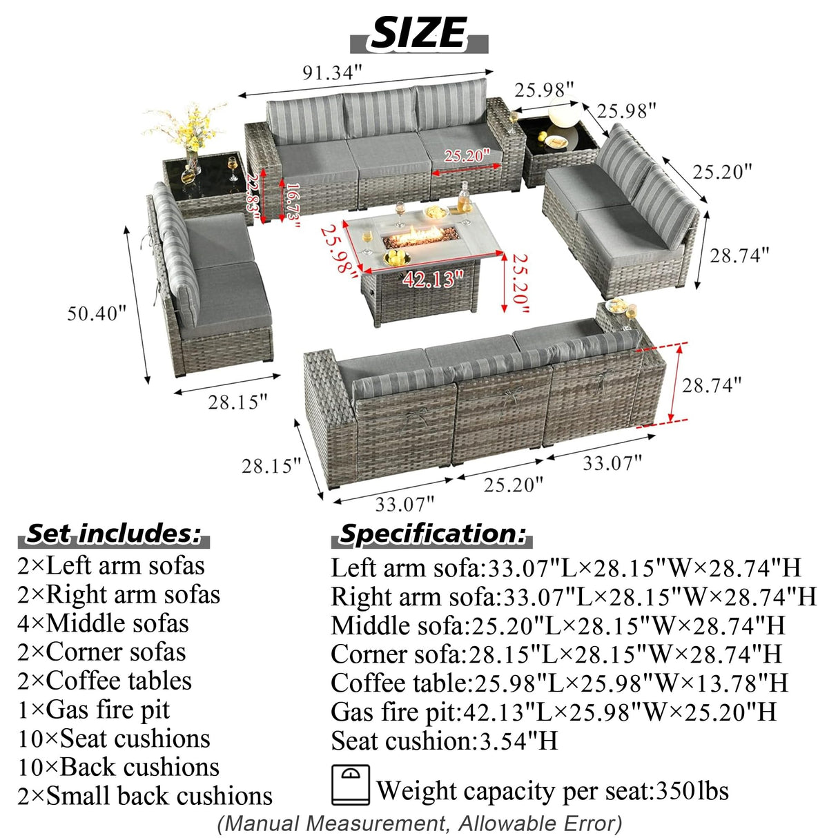 HOOOWOOO 13 Piece Modular Patio Outdoor Sectional Furniture Set with Gas Propane Fire Pit Table,Wicker Conversation Sofa Set,Out Door Couch Set with Wide Arm Outside(Grey Stripes) HOOOWOOO