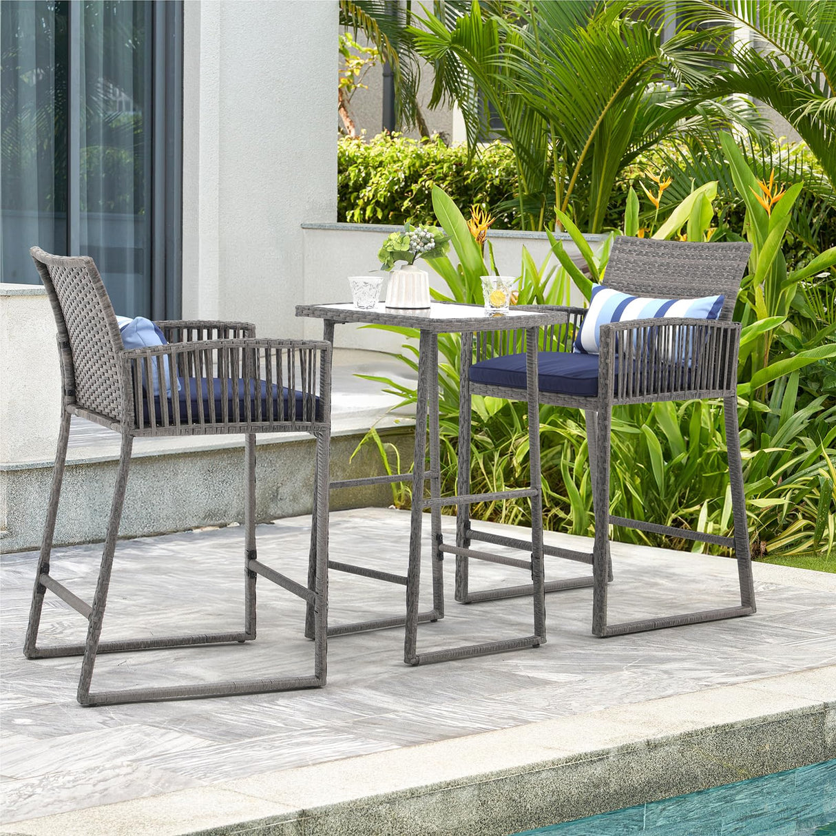 SUNSITT 3-Piece Outdoor Wicker Bar Height Table Set, 2 Bar Stools and 1 Pub Table with 2 Striped Pillows, Grey Rattan, Blue Seat Cushions, Steel Frame SUNSITT
