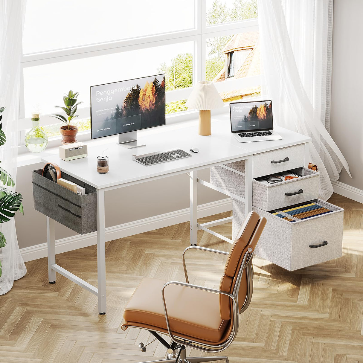 Casaottima 40" Small Computer Home Office Desk for Bedroom with Fabric Drawers & File Cabinet, Cloth Storage Bag and Hook, Writing Study Work Table for Small Space, White Casaottima