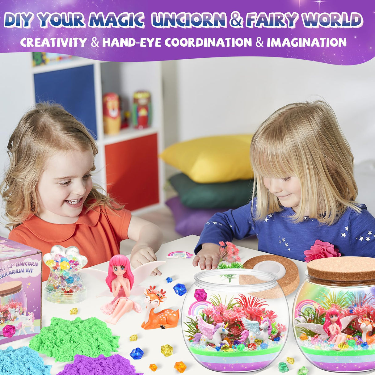 Kaivee 2 Theme in 1 Jar Light Up Unicorn Terrarium Kit & Night Light Fairy Terrarium Kit Creativity DIY Aarts Crafts for Girls Toys Ages 4 5 6 7 8 Year Old Girl Birthday Gifts KAIVEE