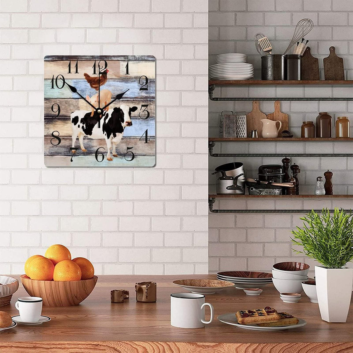 Wooden Wall Clock Farm Animal Cow Pig and Chicken 10 Inch Old Fashioned Square Wooden Wall Clock Digital Accurate Wood Clock for Bedroom Kitchen Wall Decor Home Decor Alioyoit