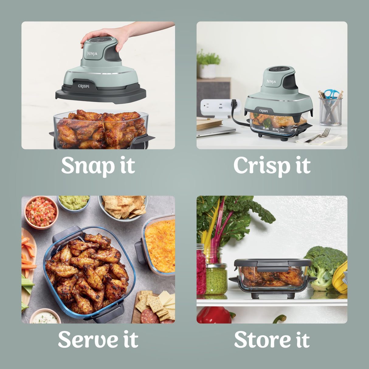 Ninja Crispi Air Fryer, Microwave, Freezer & Dishwasher Safe, Non Toxic Glass Portable Cooking System, 4 QT & 6 Cup Glass Containers with Storage Lids, Easy Meals, Air Fry, Bake, Green, FN101SG Ninja