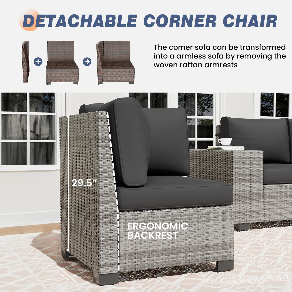 Amopatio Outdoor Sectional with Fire Pit Table, 8 Inch Armrest Patio Furniture Set with Waterproof Cover for Garden Backyard, 4'' Thickened Cushion Amopatio