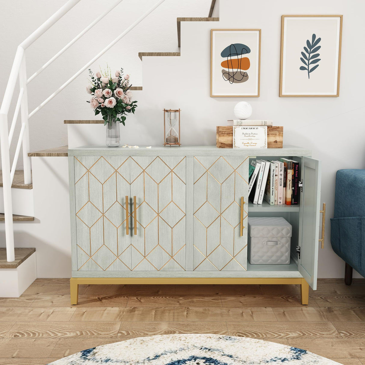 ARTPOWER Accent Cabinet with 4 Doors, Modern Credenza Storage Cabinet, Carved Decorative Sideboard Buffet Cabinet for Living Room, Kitchen, Office, and Hallway, Green ARTPOWER