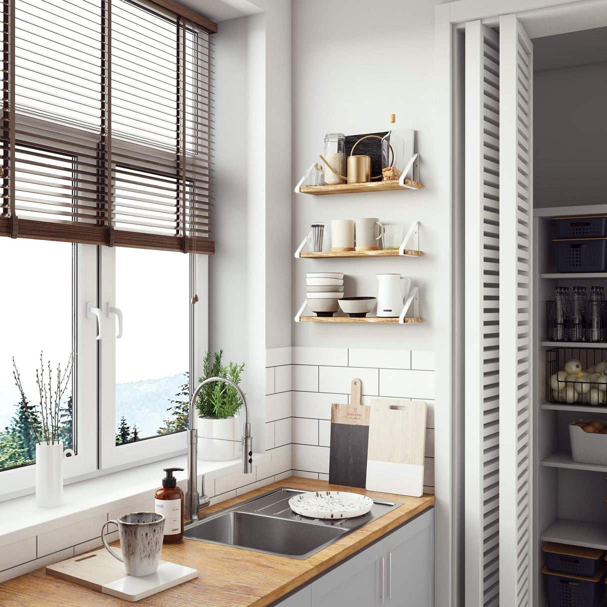 Wallniture Ponza Floating Shelves for Wall Bathroom Shelves Wall Mounted Set of 3, Burned Finish Wood Shelves with White Shelf Brackets Wallniture