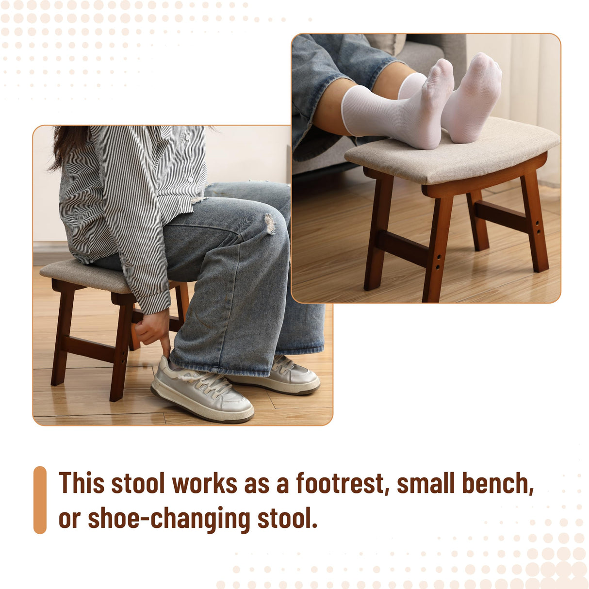 BAMBOO LAND- Bamboo Foot Stools Ottoman, Beige Cushion & Brown Wood Legs, Small Ottoman Foot Rest for Couch BAMBOO LAND