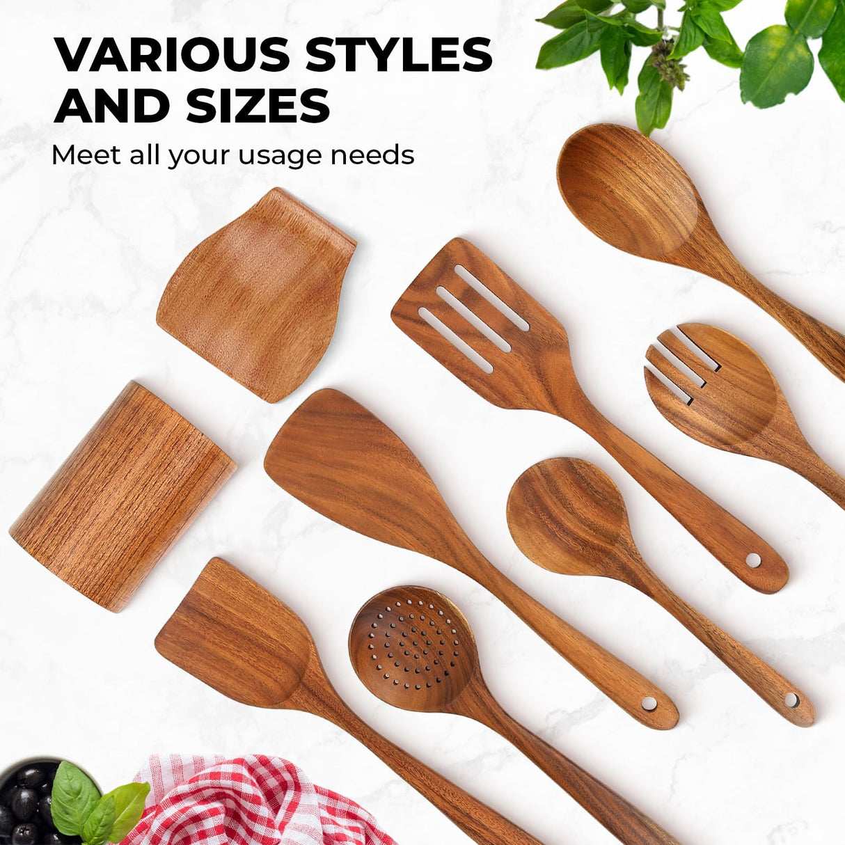 Wooden Spoons for Cooking, Teak Wooden Utensil Set, Handmade Cooking Utensil Set with Spoon Rest and Utensils Holder (9Pcs) Bkiok