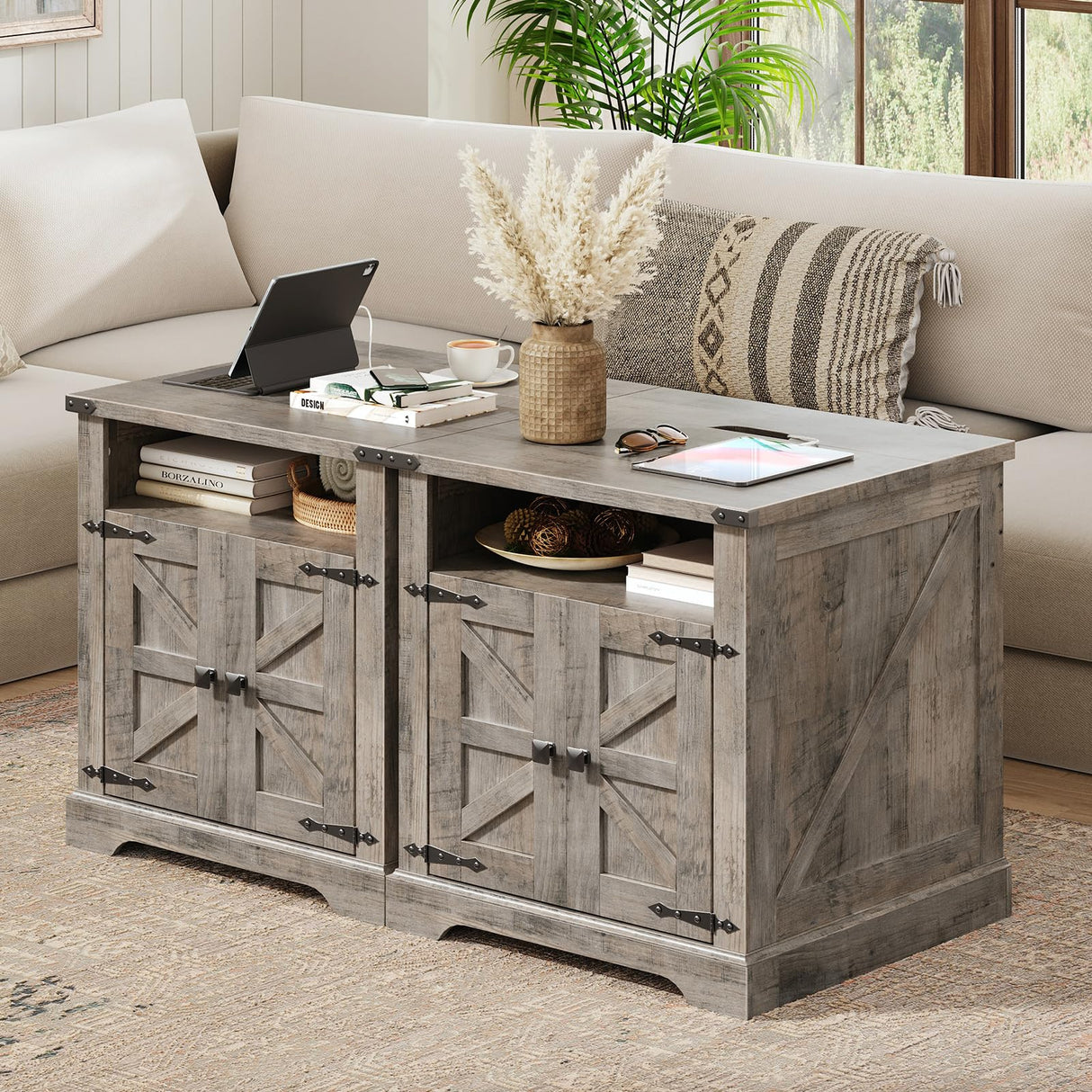 HOOBRO Farmhouse End Table Set of 2, Flip Top Large End Table with Charging Station, 23.6" Large Sofa Side Table with Barn Door, Square Nightstand with Open Storage, for Living Room, Greige HOOBRO