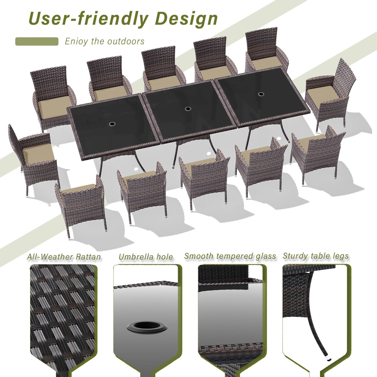 RTDTD 15 Pieces Patio Dining Set Outdoor Rattan Furniture Dinning Set with 3 Square Glass Tabletops 12 Chairs with Brown Cushions for Patio, Backyard Outdoor Kitchen Lawn & Garden RTDTD
