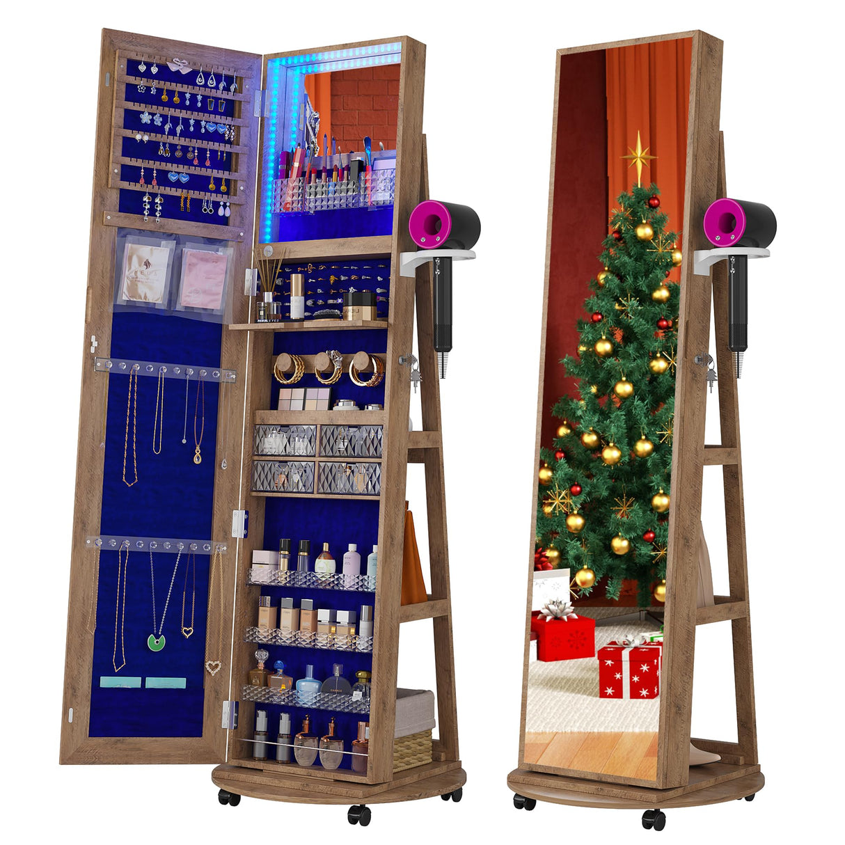 HNEBC 360° Swivel Jewelry Armoire with Mirror, LED Mirror Jewelry Cabinet Standing, Full Length Mirror with Jewelry Storage, Standing Jewelry Organizer/Lockable Wheels/Foldable Makeup Shelf (Wood) HNEBC