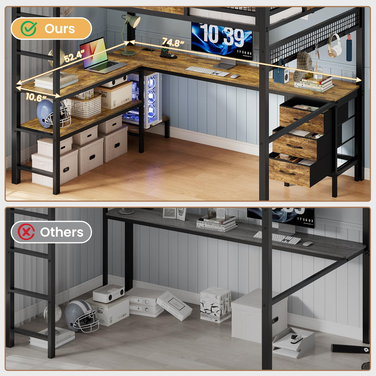 BTHFST Full Size Loft Bed with L-Shaped Desk and 3 Storage Drawers, LED Lights & Charging Station, Open Storage Shlef, Metal Loft Bed Frame with Solid Slats and Guardrail, Space Saving, Black BTHFST