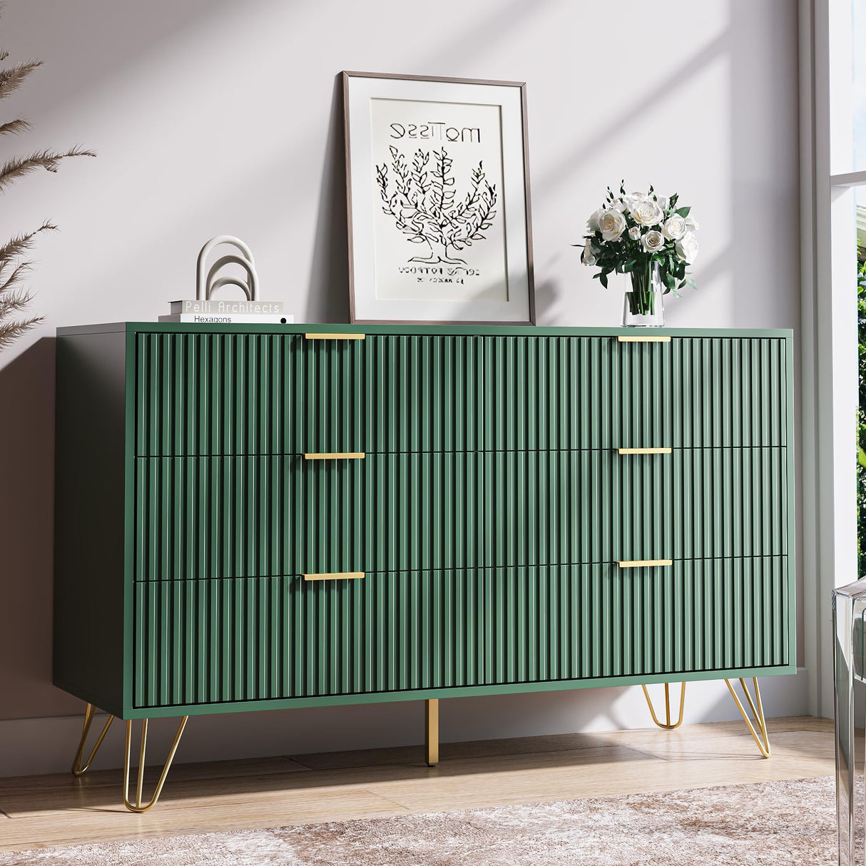MAISONARIA Green Dresser for Bedroom, Modern Dresser with Gold Metal Handles & Chests of Drawers, Wood Chest of Drawers for Bedroom MAISONARIA