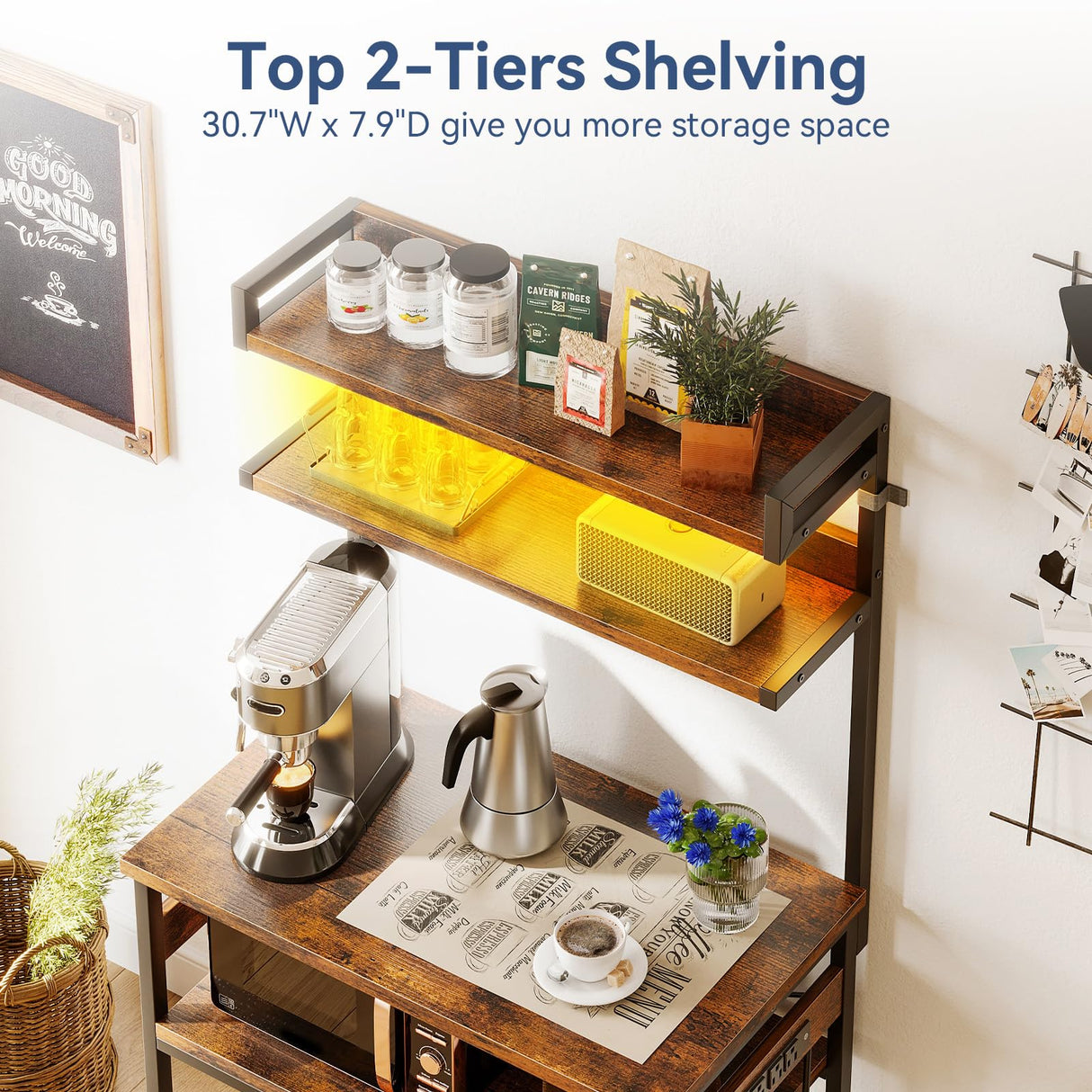 Casaottima Bakers Rack with Power Outlet & LED Lights, Coffee Bar with Storage 5-Tiers, Microwave Stand Kitchen Shelf 16.5 * 23.6 * 59 inches, Kitchen Coffee Rack, Rustic Brown Casaottima