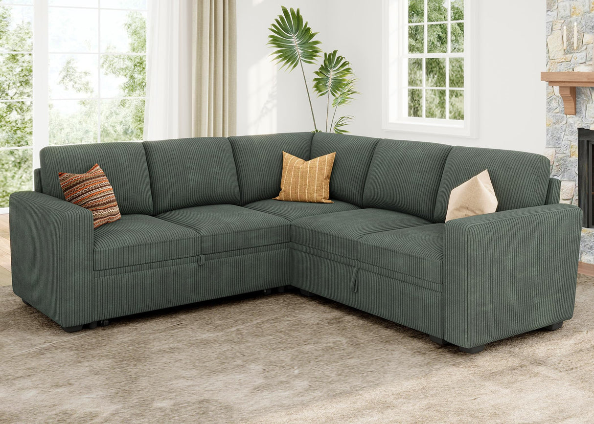 HONBAY Modular Sectional Sleeper Sofa with Pull Out Bed, Corduroy L Shaped Couch with Storage Seats, Convertible Sectional Couches for Living Room, Green HONBAY