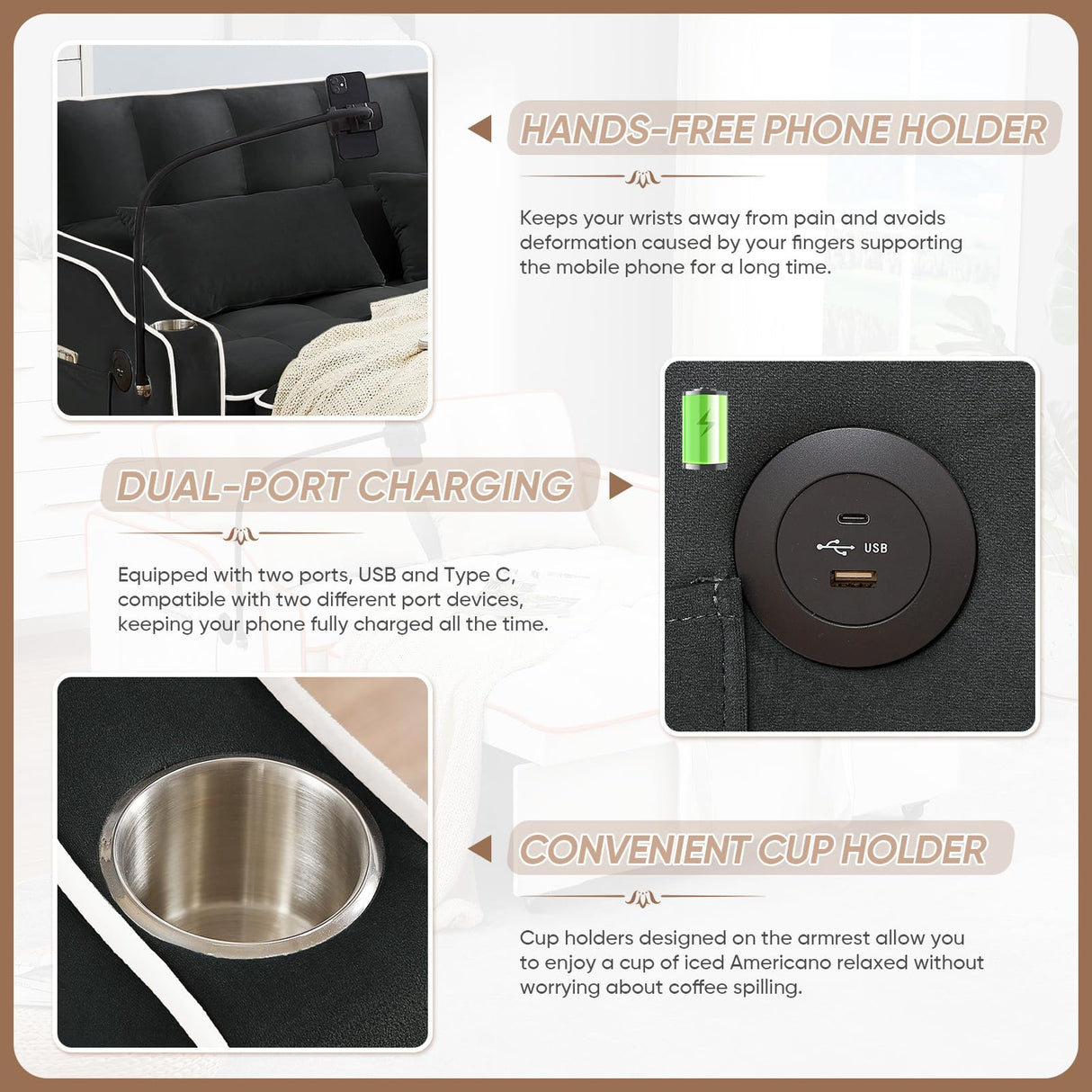 Sleeper Sofa Couch Bed with USB & Type C Port, Modern 3-in-1 Convertible Velvet Pull Out Loveseat Futon Sofa w/Phone Holder/Cup Holder for Living Room Apartment, Adjustable Backrest, Black Antetek