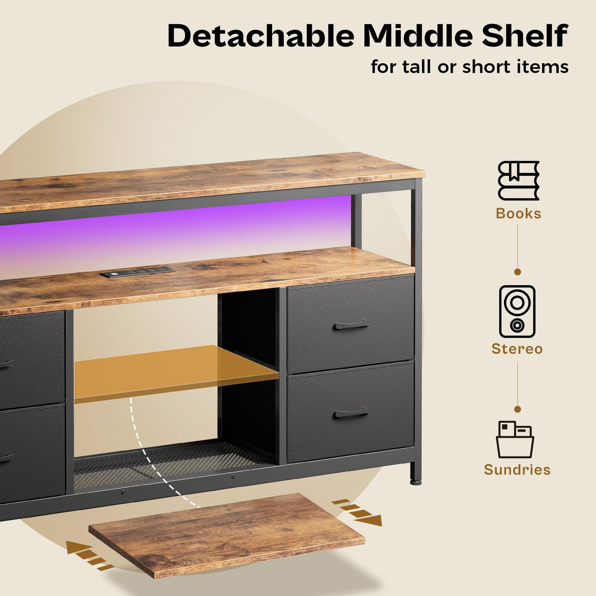 Huuger TV Stand Dresser with Power Outlets and LED Lights, 4 Drawers Entertainment Center with Shelves, 54 Inch Media Console for 55 60 Inch TV, PU Finish, Rustic Brown and Black Huuger