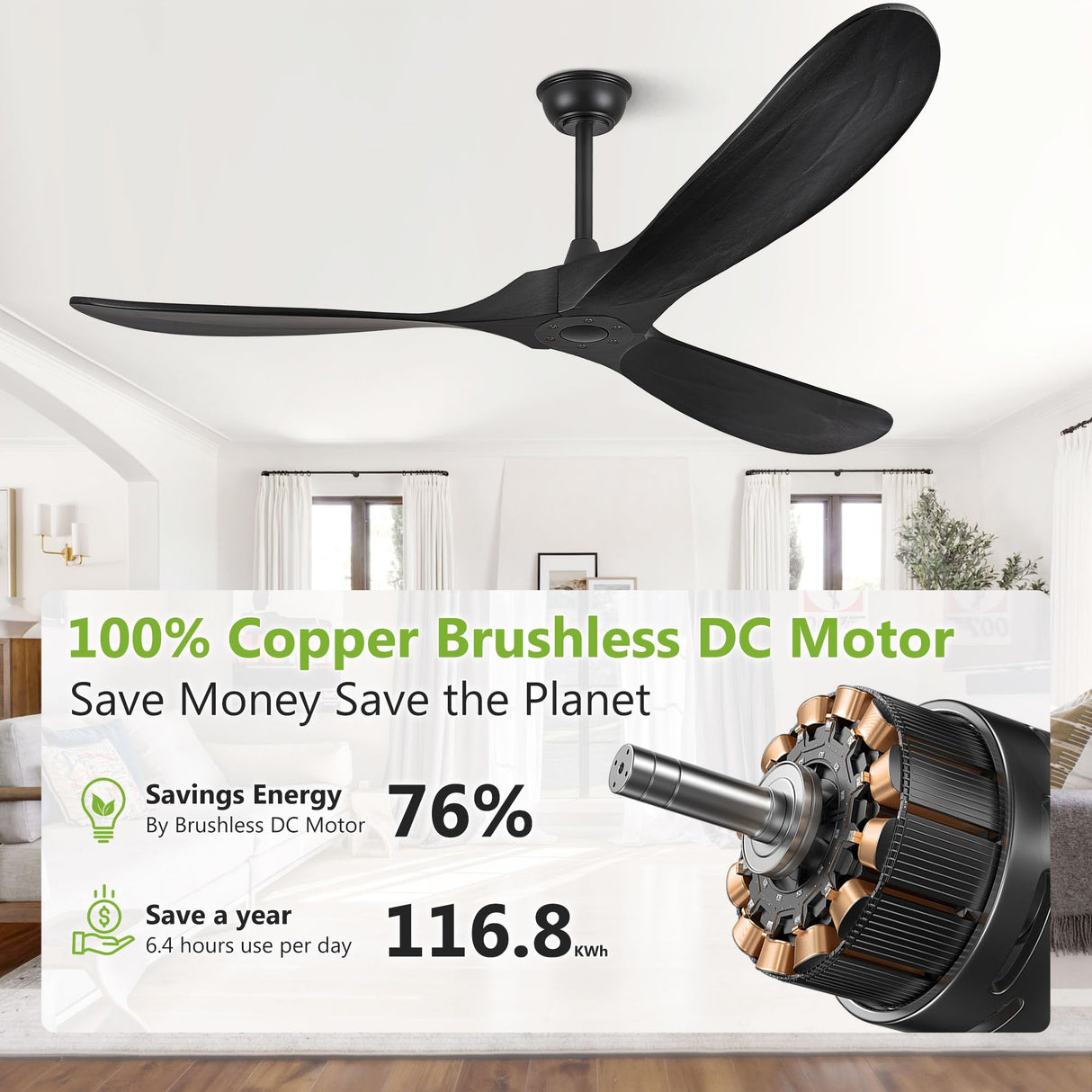Haipeel 60 Inch Wood Ceiling Fans without Lights, Indoor Outdoor Ceiling Fan no Light with Remote Control, Modern Black Ceiling Fans no Lights 3 Blade Propeller for Farmhouse Garage ETL, Matte Black Haipeel