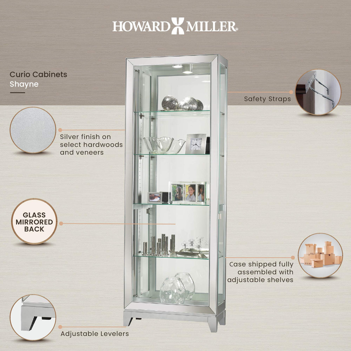 Howard Miller Shayne Curio Cabinet II, Silver Finish - Adjustable Shelf Levelers Perfect for Collectibles, Decorative Items, Office & Living Room with Halogen Light Illuminated Curio Cabinets Howard Miller