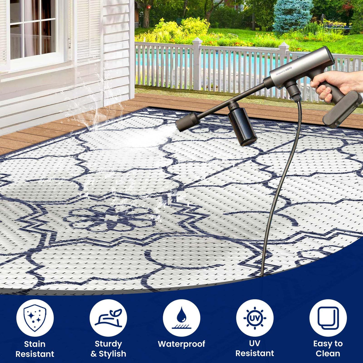 6x9Ft Outdoor Rug, Solar Powered Outdoor Rug with 94LEDs Strip Lights for House Deck, Waterproof Plastic Reversible Outdoor Straw Rugs, Rugs Mat RV Camping Patio Beach Balcony Picnic (Blue White) Capybland