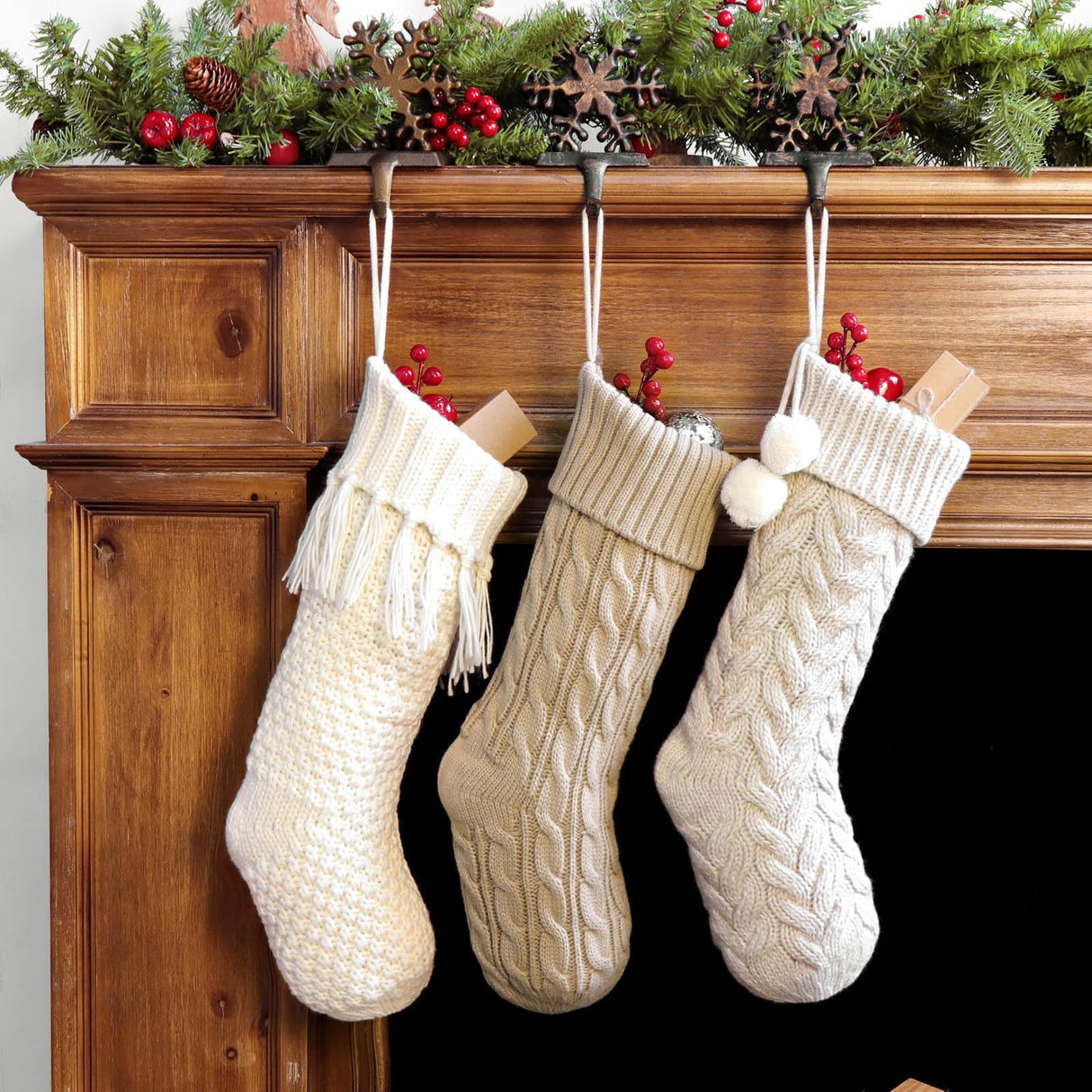 LimBridge Christmas Stockings Cable Knit, 3 Pack 18 inches Large Size Knitted Xmas Stockings, Rustic Farmhouse Boho Style Stocking Decorations for Family Holiday Season Decor, White & Beige LimBridge