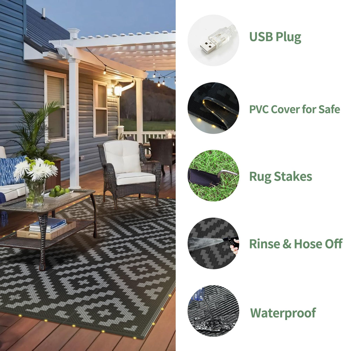 GENIMO Outdoor Rug with LED Strip Lights, 8'x10' Waterproof Camping Mat, Reversible Plastic Straw Rugs for Patio, RV, Camper, Balcony, Backyard, Picnic, Deck, Black & Gray GENIMO