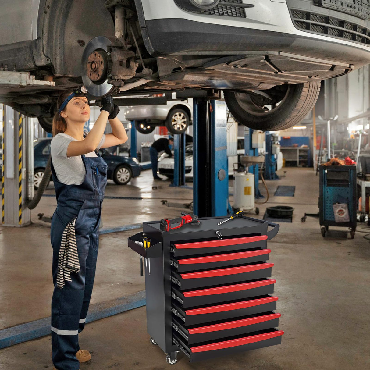 MHEOMTME Rolling Tool Chest with Drawers, Craftsman Tool Box Organizer, Toolbox Cabinet with Keyed Locking System, 7 Drawer Tool Storage Cart on Wheels for Garage, Workshop and Repair Room, Black MHEOMTME