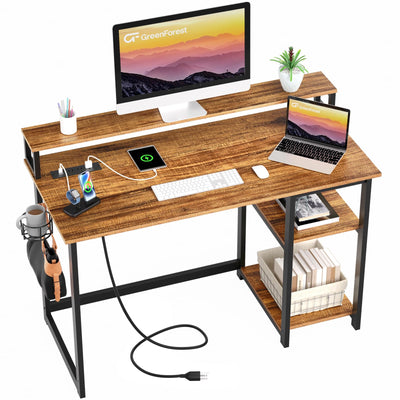 GreenForest 47 inch Computer Desk with Power Outlets, Small Home Office Desk with Ergonomic Monitor Stand, Reversible Gaming Desk, Modern Study Desk, Laptop Desk, Walnut