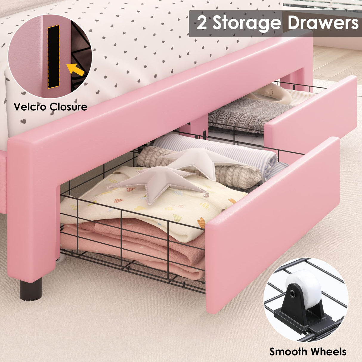 Keyluv Pink LED Upholstered Crown Bed Frame with Storage Drawer and Adjustable Headboard Keyluv