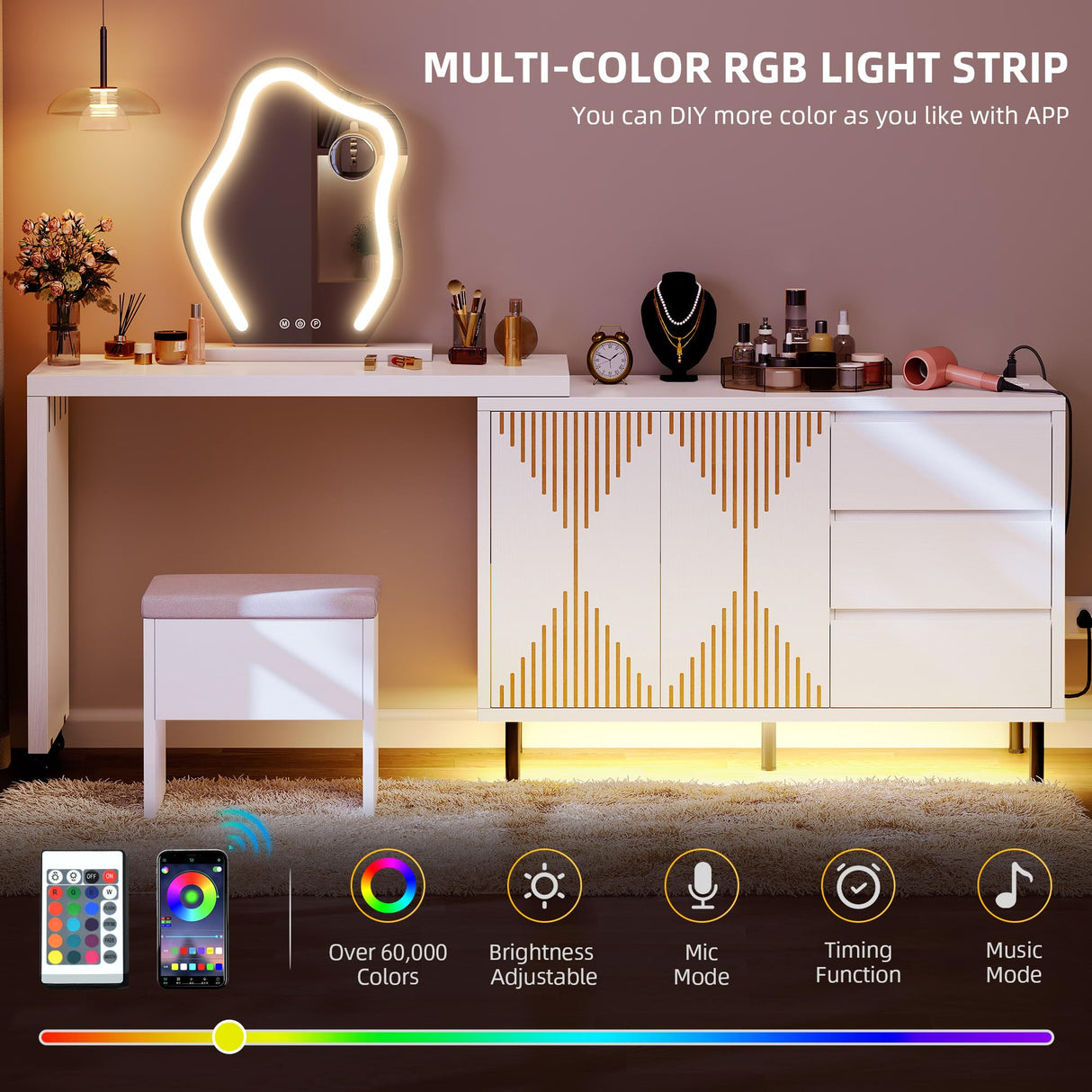 DWVO 360° Rotatable Computer Desk with Power Outlets & LED Lights, Corner Computer Desk with Drawers, Home Office Desk with Fluted Panel Doors, Extensible from 47.2" to 91.2" DWVO