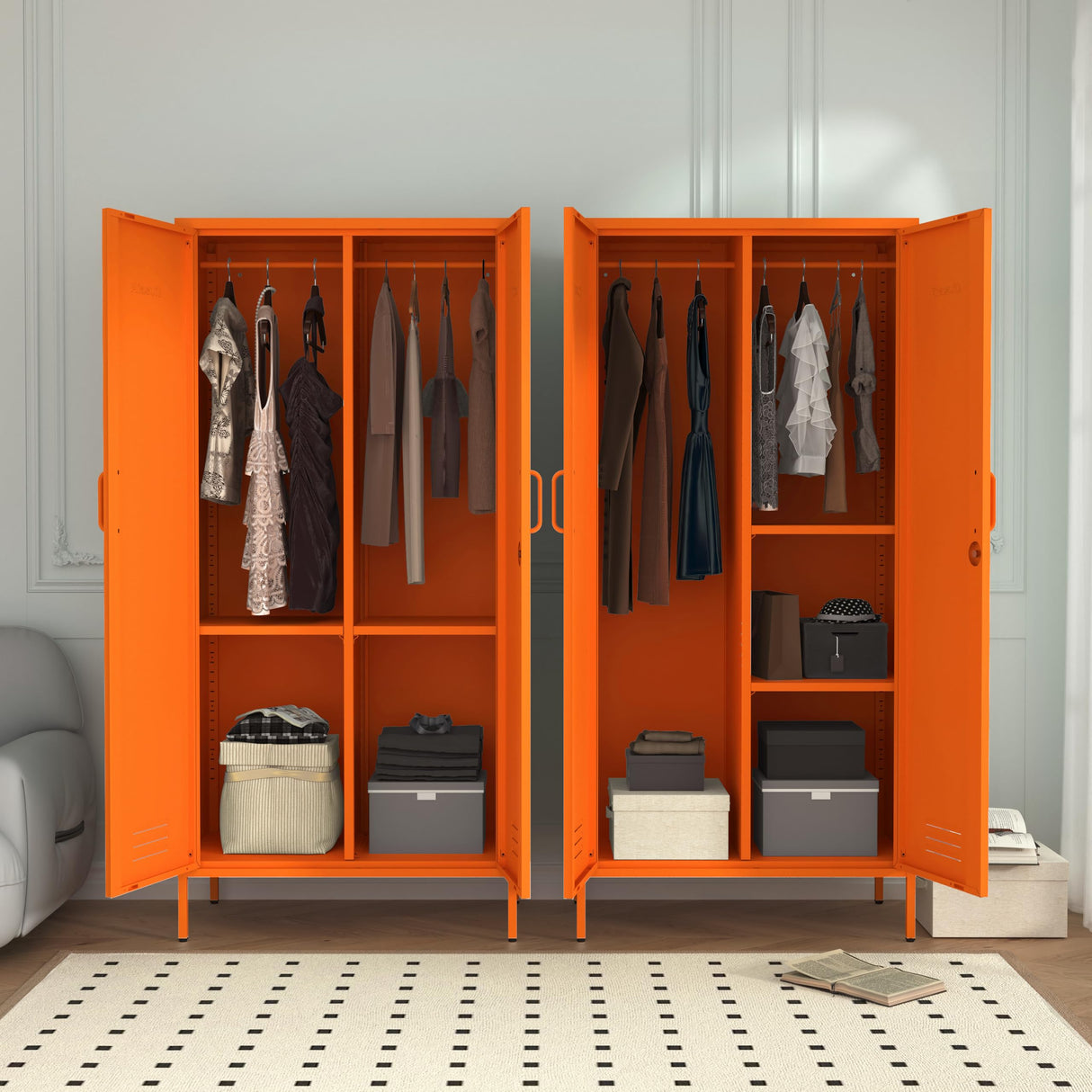 2 Door Wardrobe 67 Inch Orange Metal Storage Cabinet with Hanging Rod, Office Double Door Lockable Metal Adjustable Shelves Wardrobe Bedroom Home Office Storage Cabinet Size: 67"H x 31.5"W x 18.1"D Aiasuit