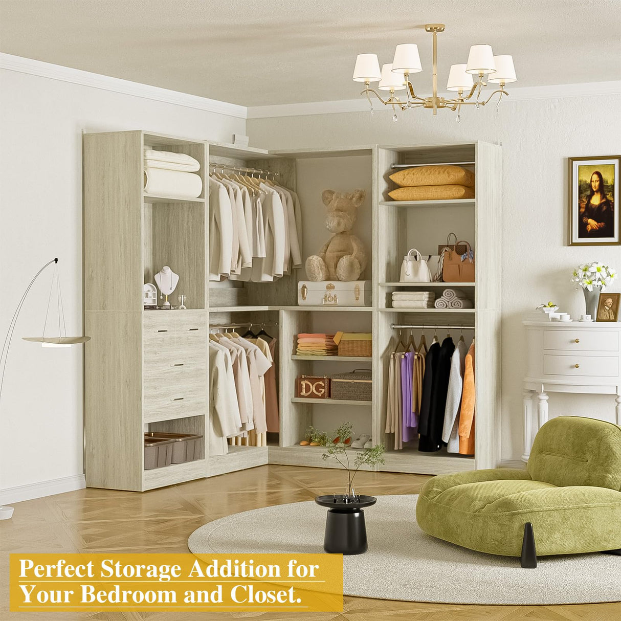 Unikito 86 Inch Closet System, 3 Sets Corner Closets Organizer with Hanging Rods and Mirror Design, Freestanding Adjustable Wood Clothes Garment Rack with Drawers, Sturdy Walk in Closet Kit, White Oak Unikito