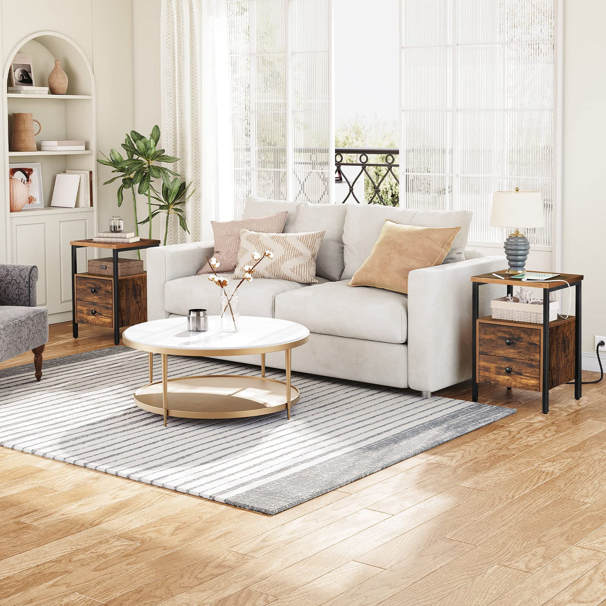 HOOBRO End Table with Charging Station and USB Ports, Side Table with Drawers and Storage Shelf, Set of 2, Bedside Table for Small Spaces, Living Room, Rustic Brown BF431BZP201 HOOBRO